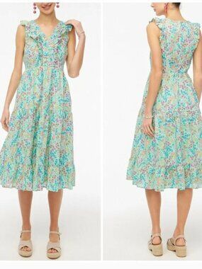 J Crew - Printed V-neck smocked midi dress - green w/floral pattern - SIZE 16